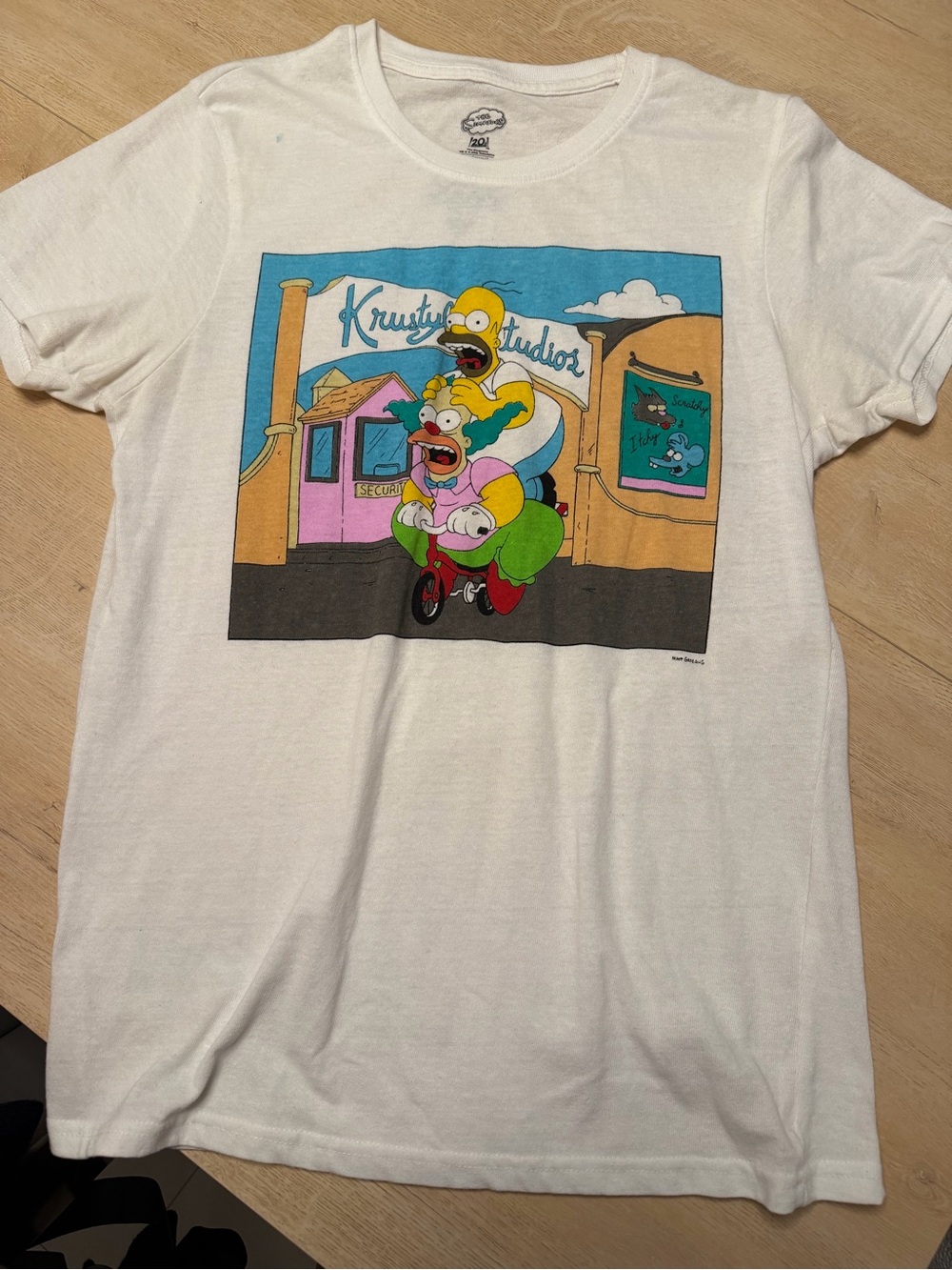 White Graphic Short Sleeve Tee with Krusty Studios Cartoon